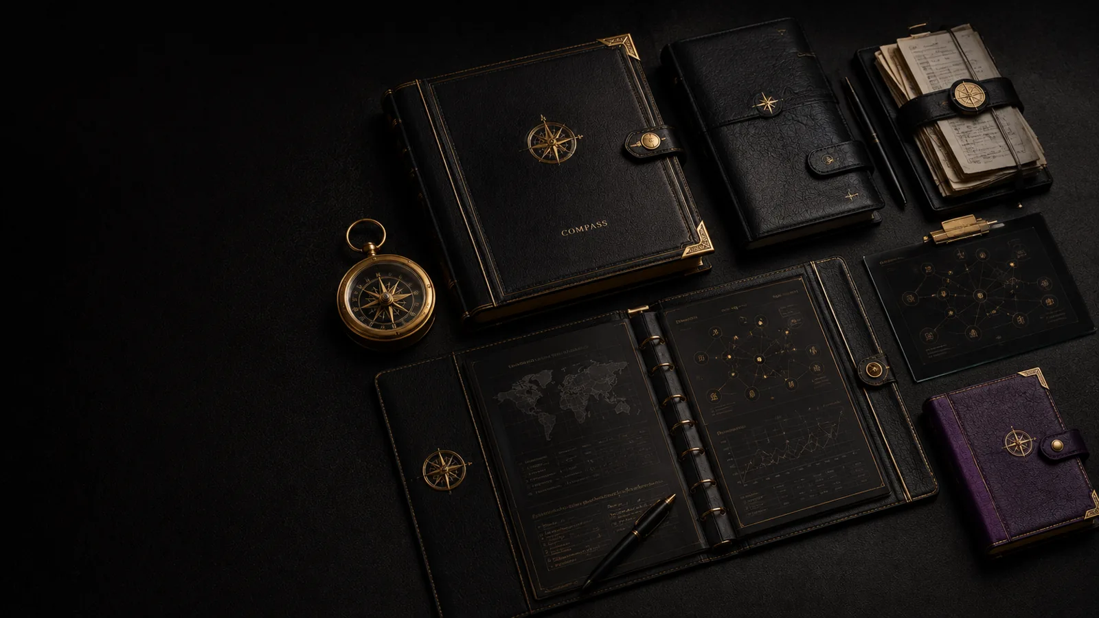 Compass intelligence portfolio: black and gold briefing folios, a compass and a relationship atlas.