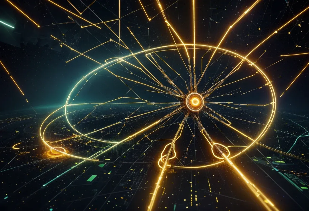 Dark command center with empty chair facing screens showing financial data and a security breach alert