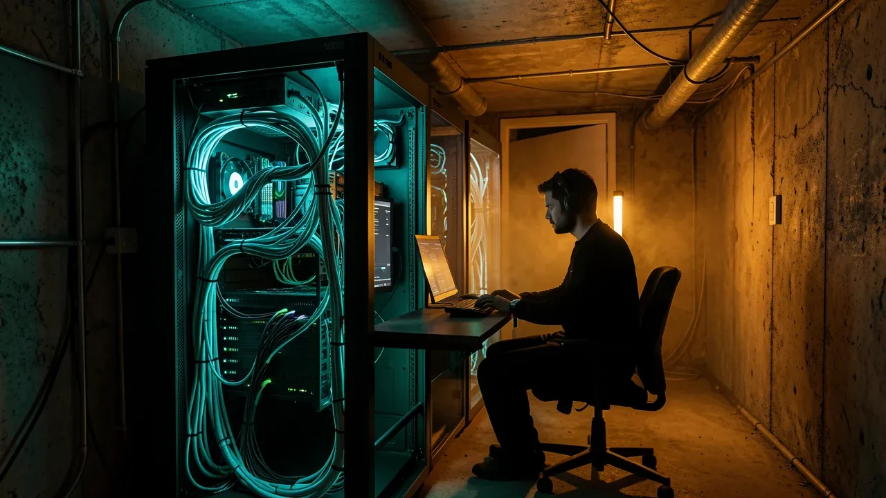 A homelab server rack glowing in quiet defiance — the self-hosting movement