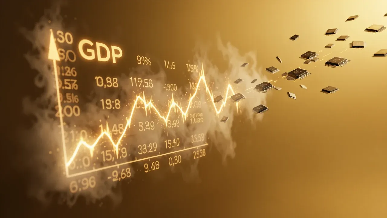 Glowing GDP chart dissolving at edges, silicon chips floating away, gold amber palette, warm futurism