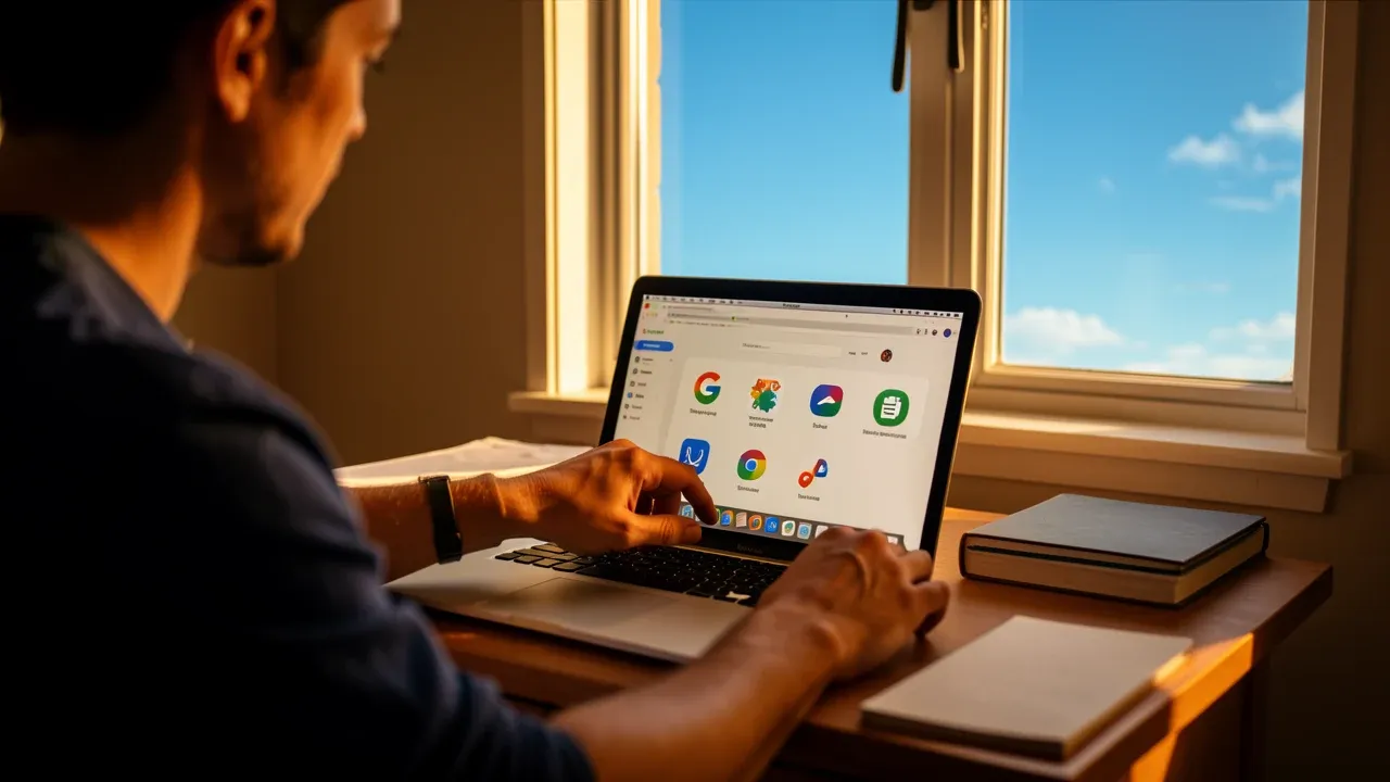 Person deleting Google apps from laptop, window showing blue sky, sense of liberation, warm morning light editorial