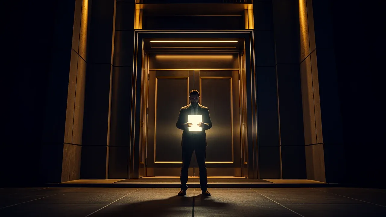 Lone figure at government building entrance at night, holding glowing document, doors closed, defiant stillness
