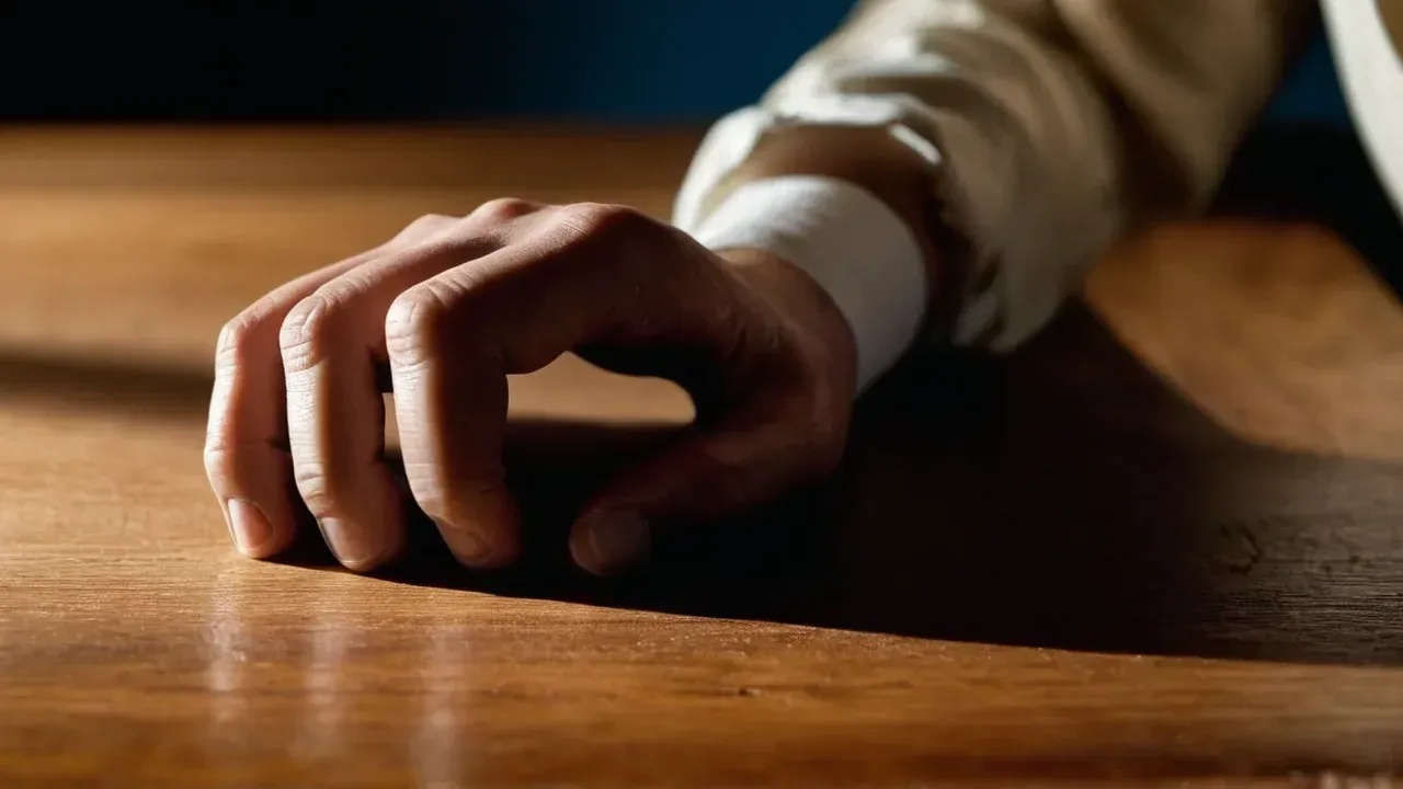 A tense diplomatic aide grips a sparse negotiation table beside an empty chair.