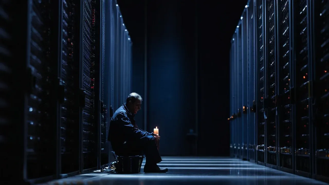 A lone figure seated in a darkened data center aisle.