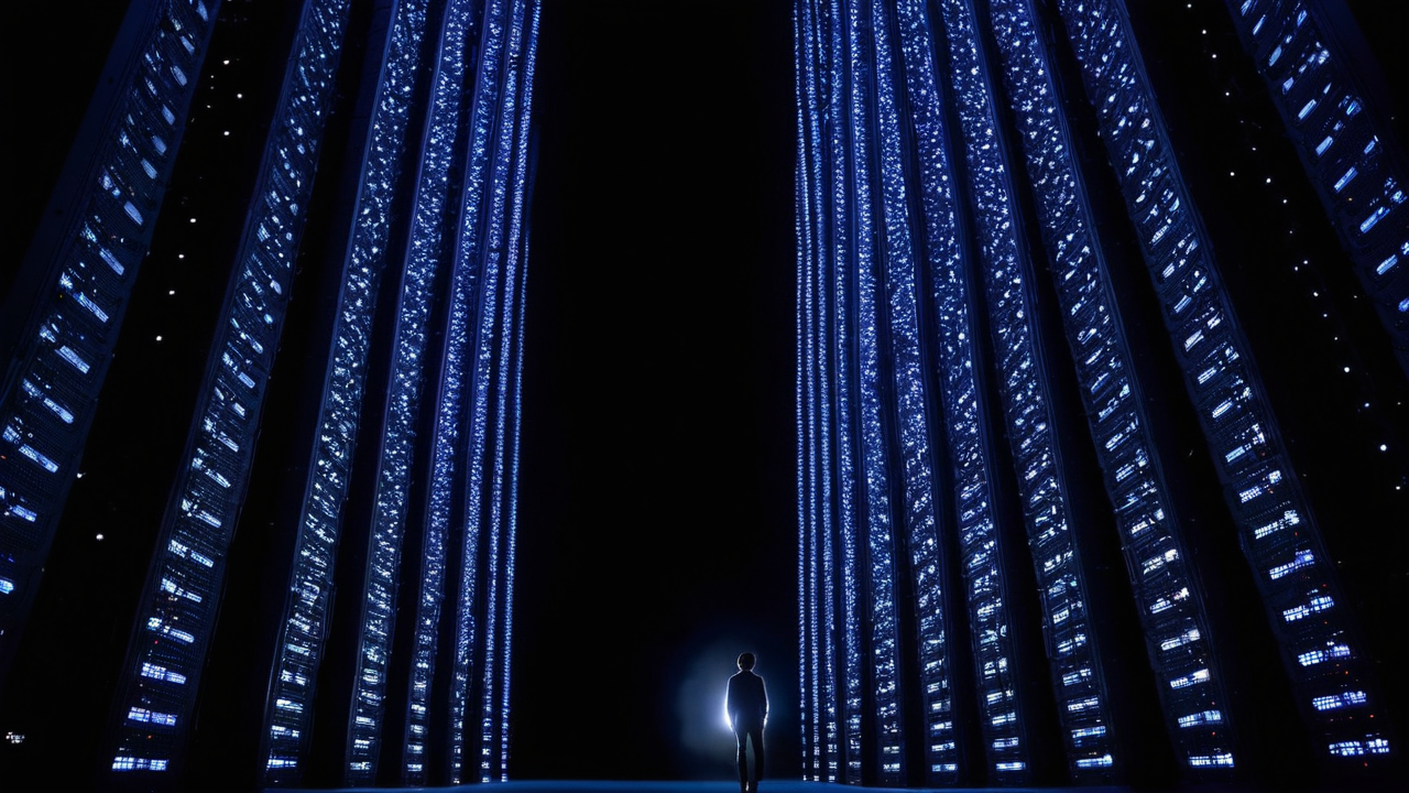 Towering columns of server racks rise into darkness above a single small figure standing in a pool of light.