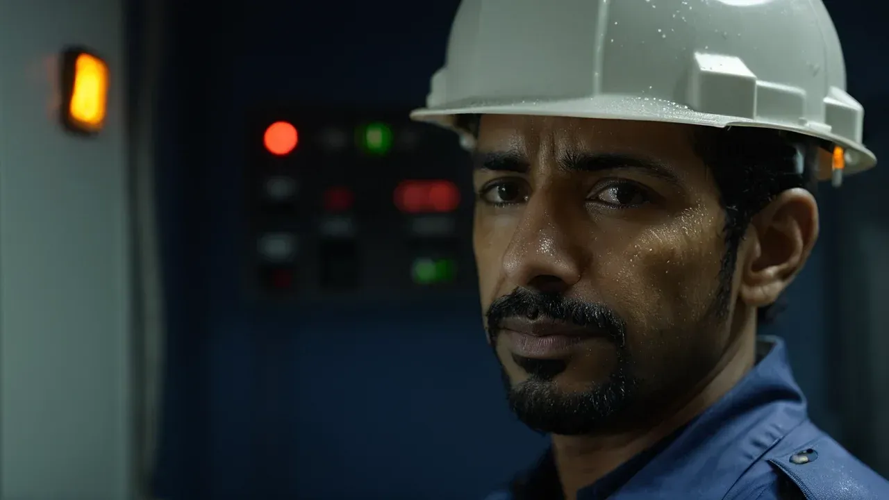 A Kuwaiti control-room operator faces an emergency-lit industrial system under pressure.