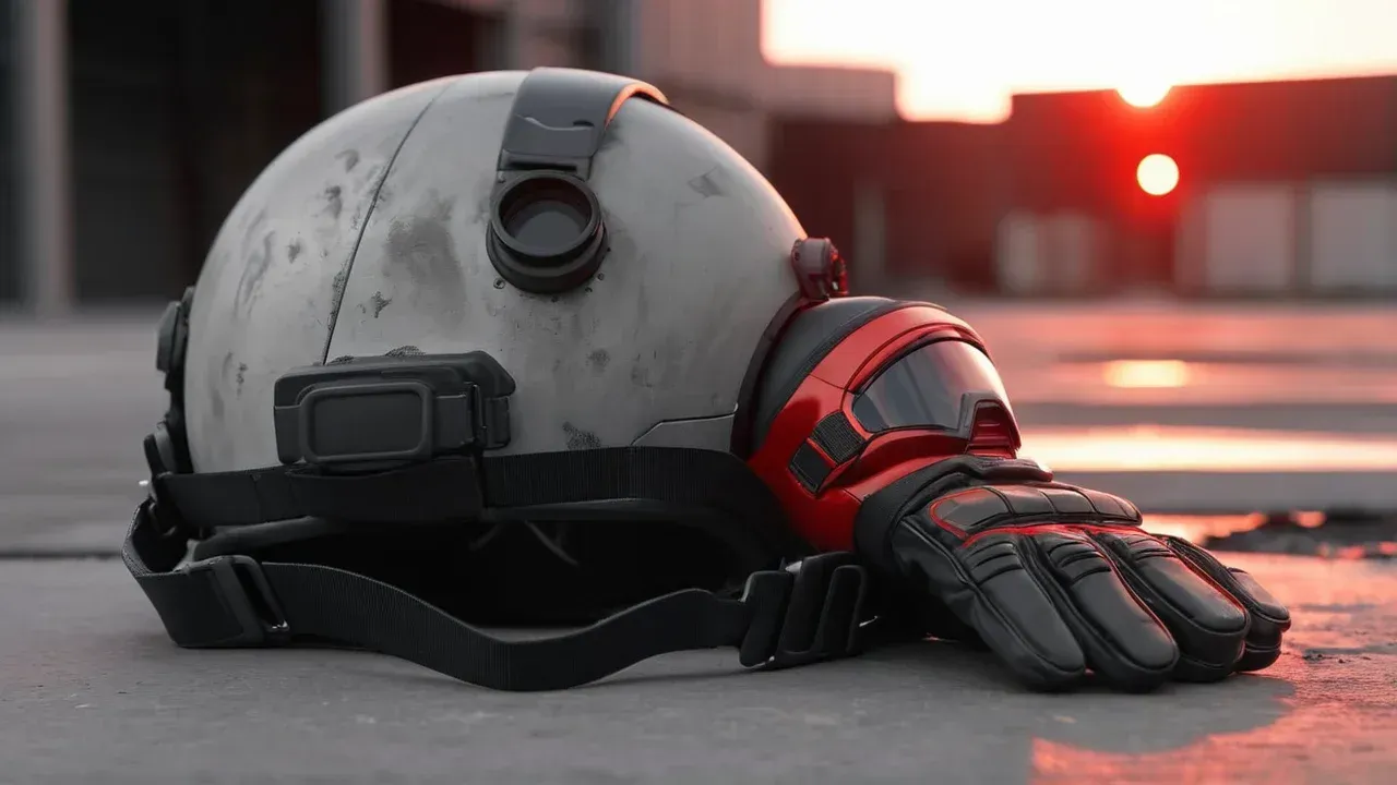 A scorched modern flight helmet and gloves rest on an airfield after the retaliatory strike.