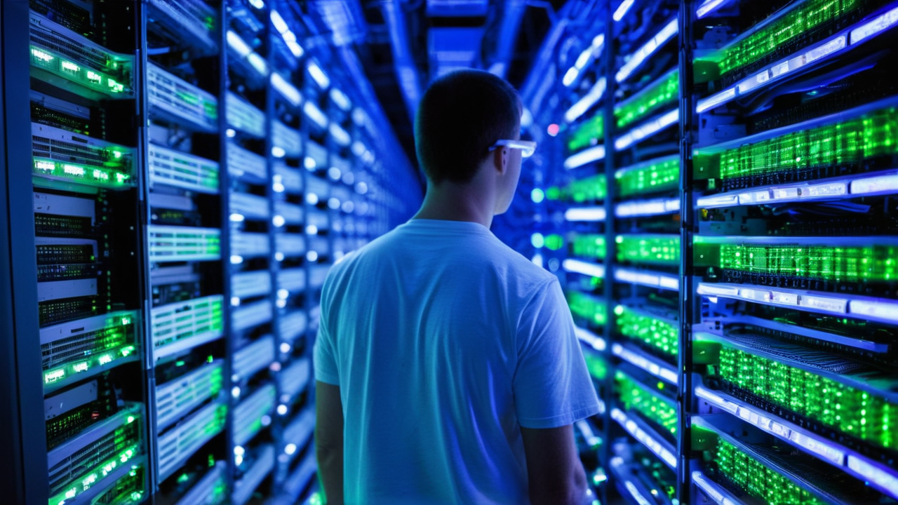 A technician stands in a data center aisle between tall racks of server modules, green status lights running the length of the chassis.