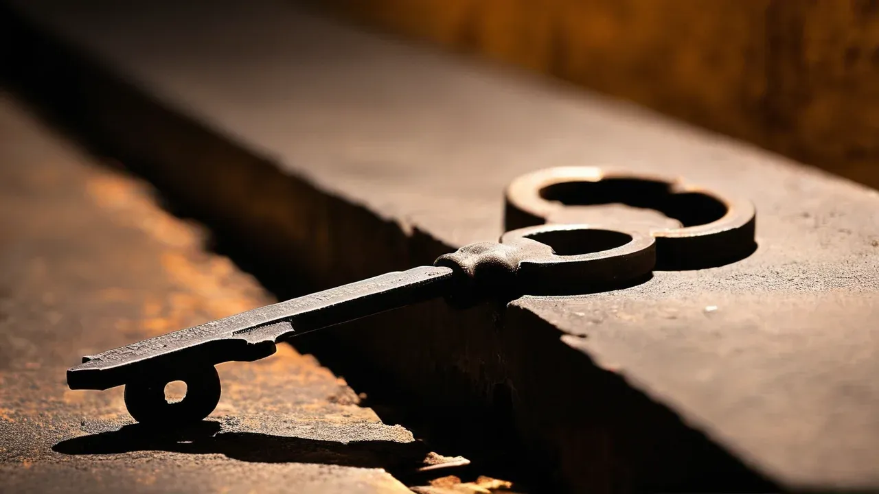 An old iron key bridges a fractured threshold