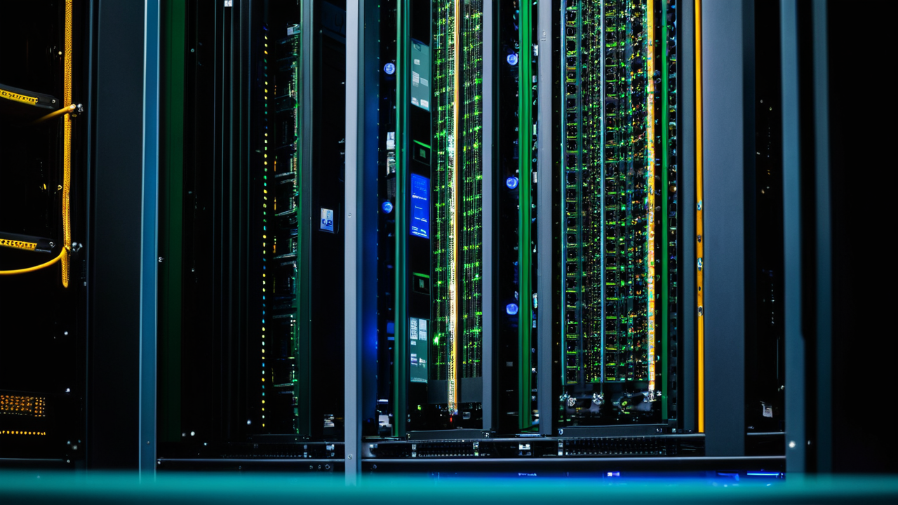 Dense columns of server chassis in a data center rack, status LEDs and fiber cabling running along the rails.