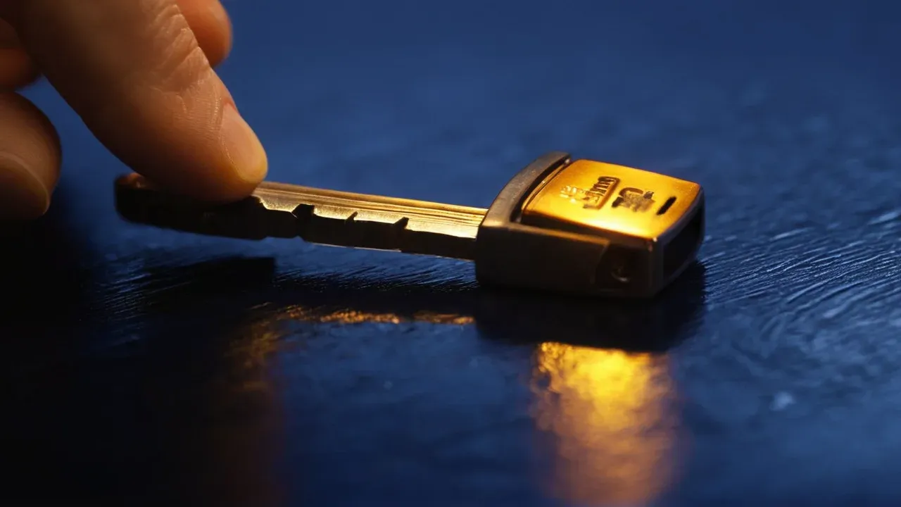 A hand approaches a metal key illuminated in amber and indigo