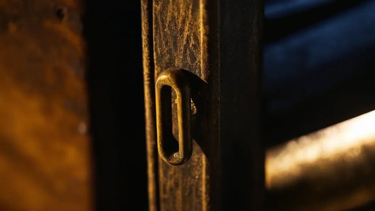 A weathered access handle catches a narrow band of amber light