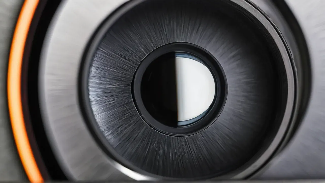 A precision centrifuge rotor catches cold metal and amber inspection light.