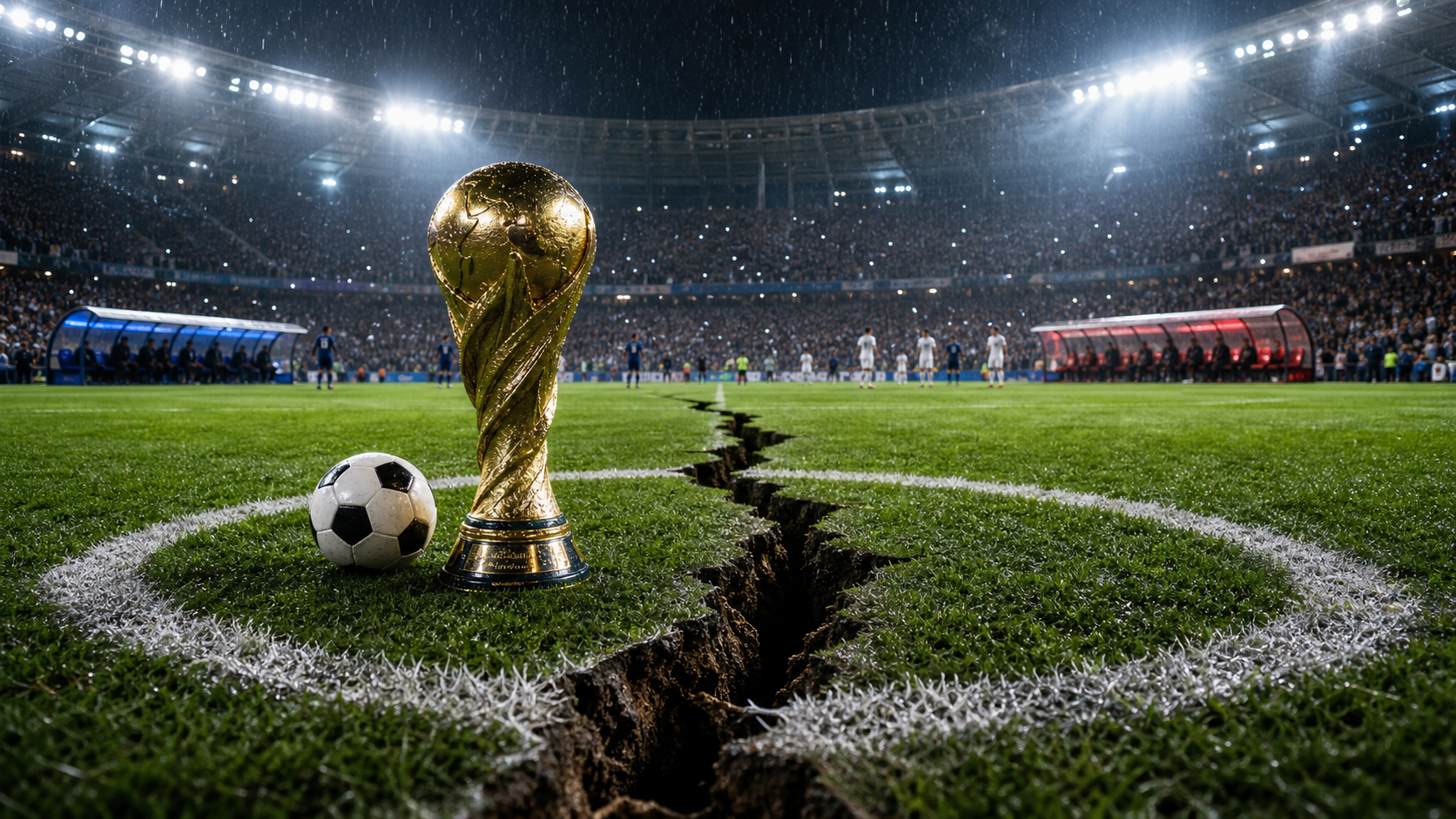 A golden football championship cup and ball stand on a stadium center circle split by a deep fracture.