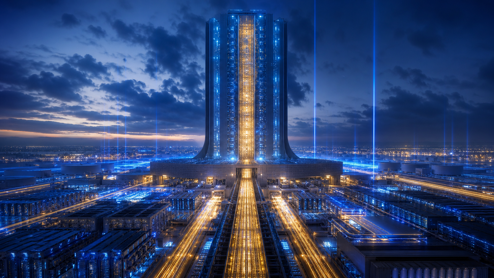 A monumental cloud-computing campus glows in blue and gold, representing the scale of Microsoft Azure and AI capital investment.
