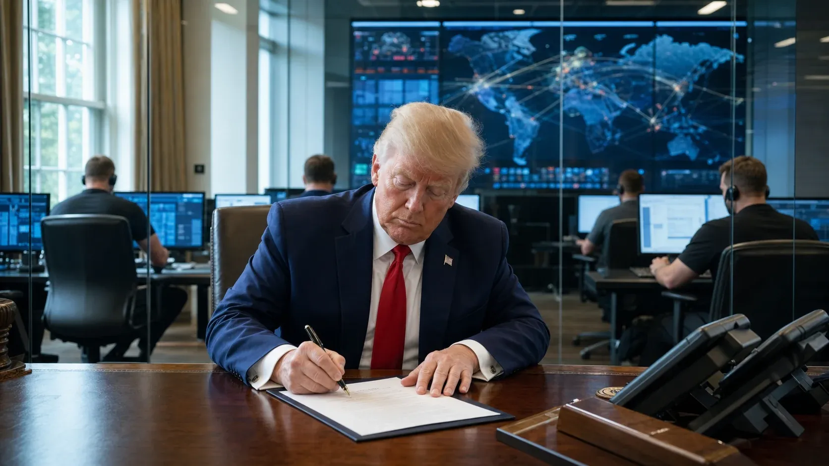 President Donald Trump signs a cyber operations directive as private-sector cybersecurity teams work behind him.