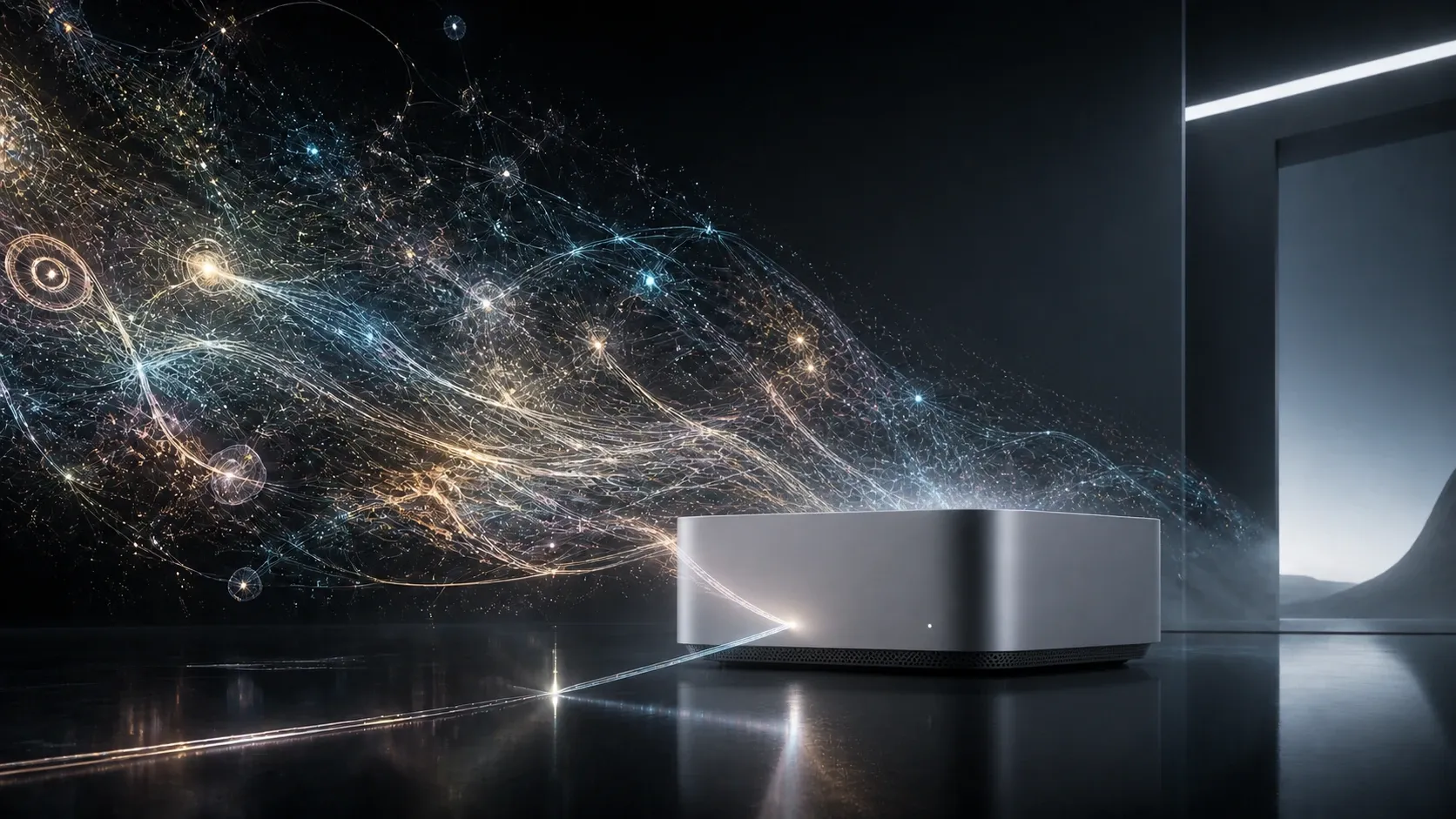 A compact silver Mac Studio contains and controls a vast luminous private-AI network.
