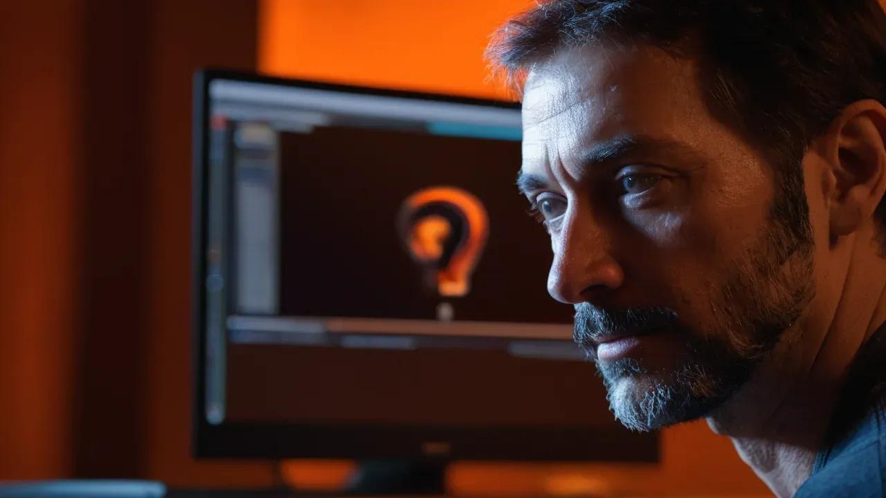 A man considering an unanswered question on a screen.