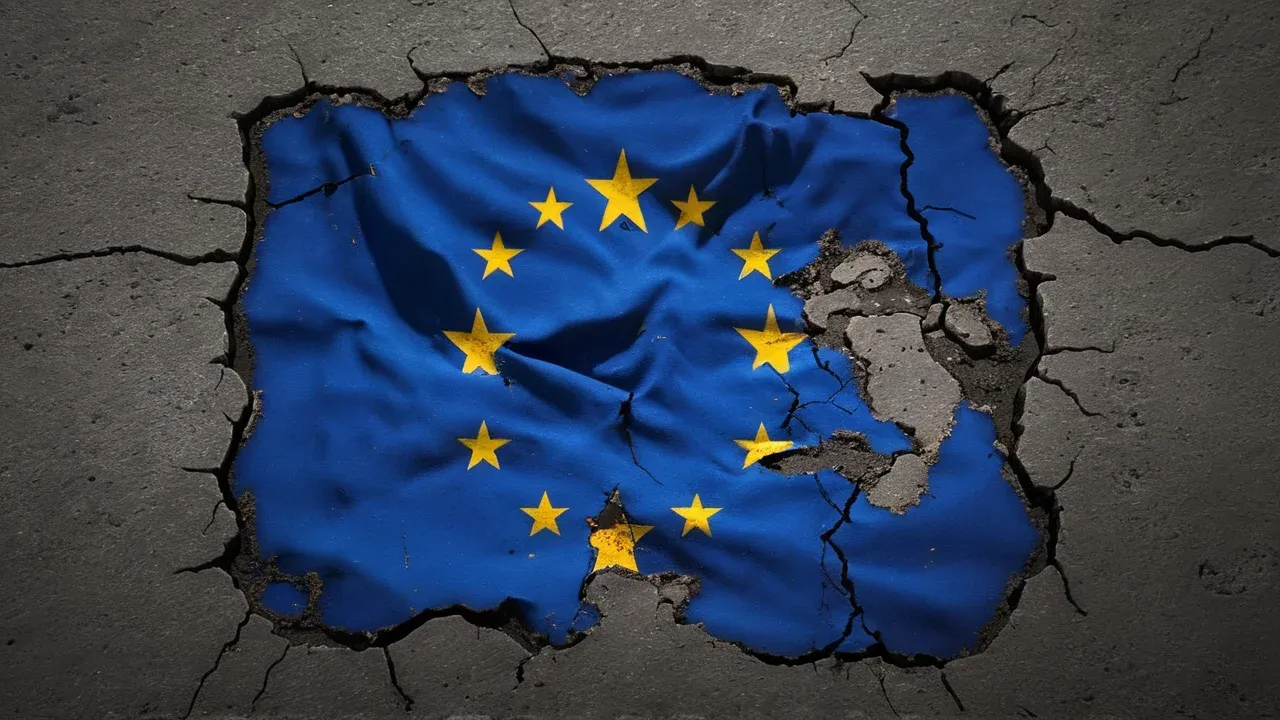 A fractured European Union flag embedded in broken ground, symbolizing Europe’s political rupture under the Ceuta border crisis.