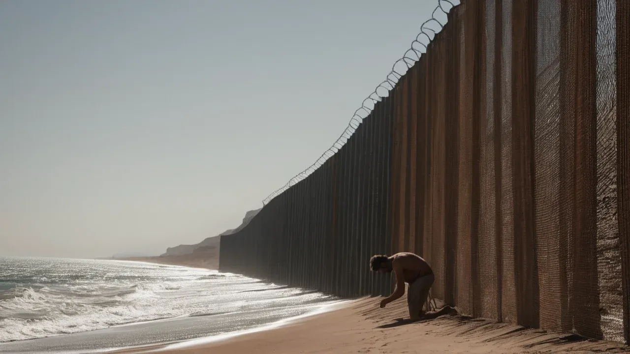 The Human Consequence at Europe’s Border A solitary migrant kneels where the Mediterranean meets the Ceuta barrier, embodying the human cost of Europe’s political fracture.