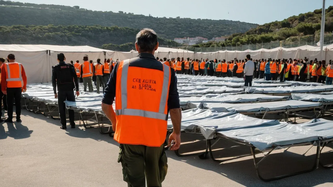 An overwhelmed reception setting reveals the scale of shelter, food, and medical needs.