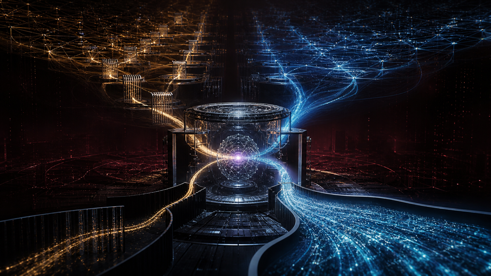 A central AI inference core receives one information stream and produces divergent political answer pathways.