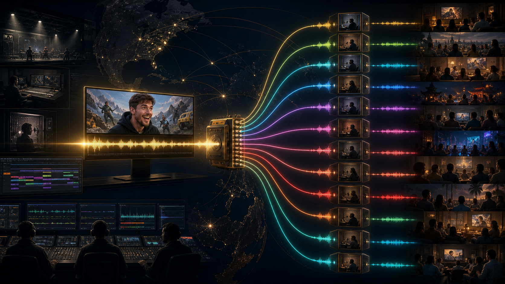 One finished video passes through a localization studio and branches into many language markets around the world.