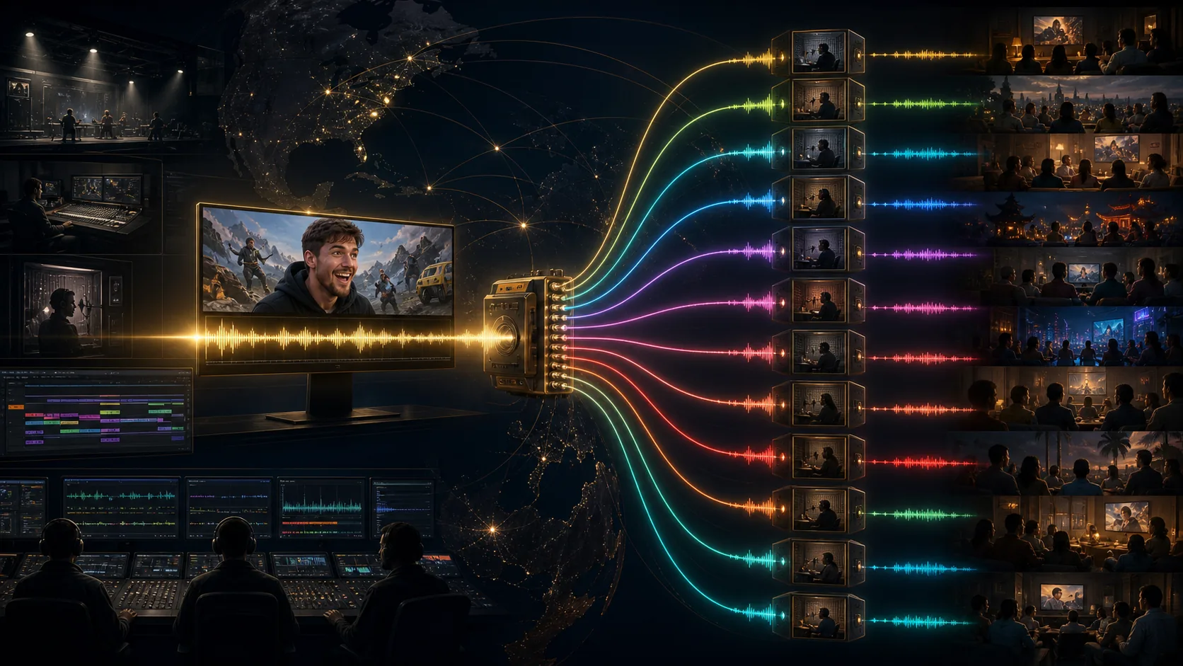 One finished video passes through a localization studio and branches into many language markets around the world.