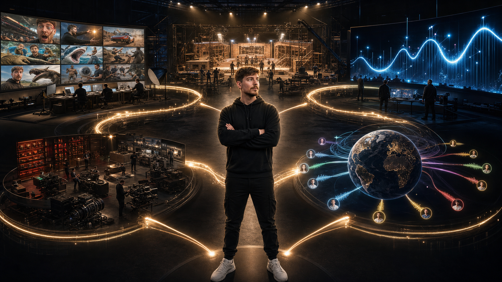 MrBeast at the center of a cinematic production operating system spanning packaging, retention, sets, analytics, and global distribution.