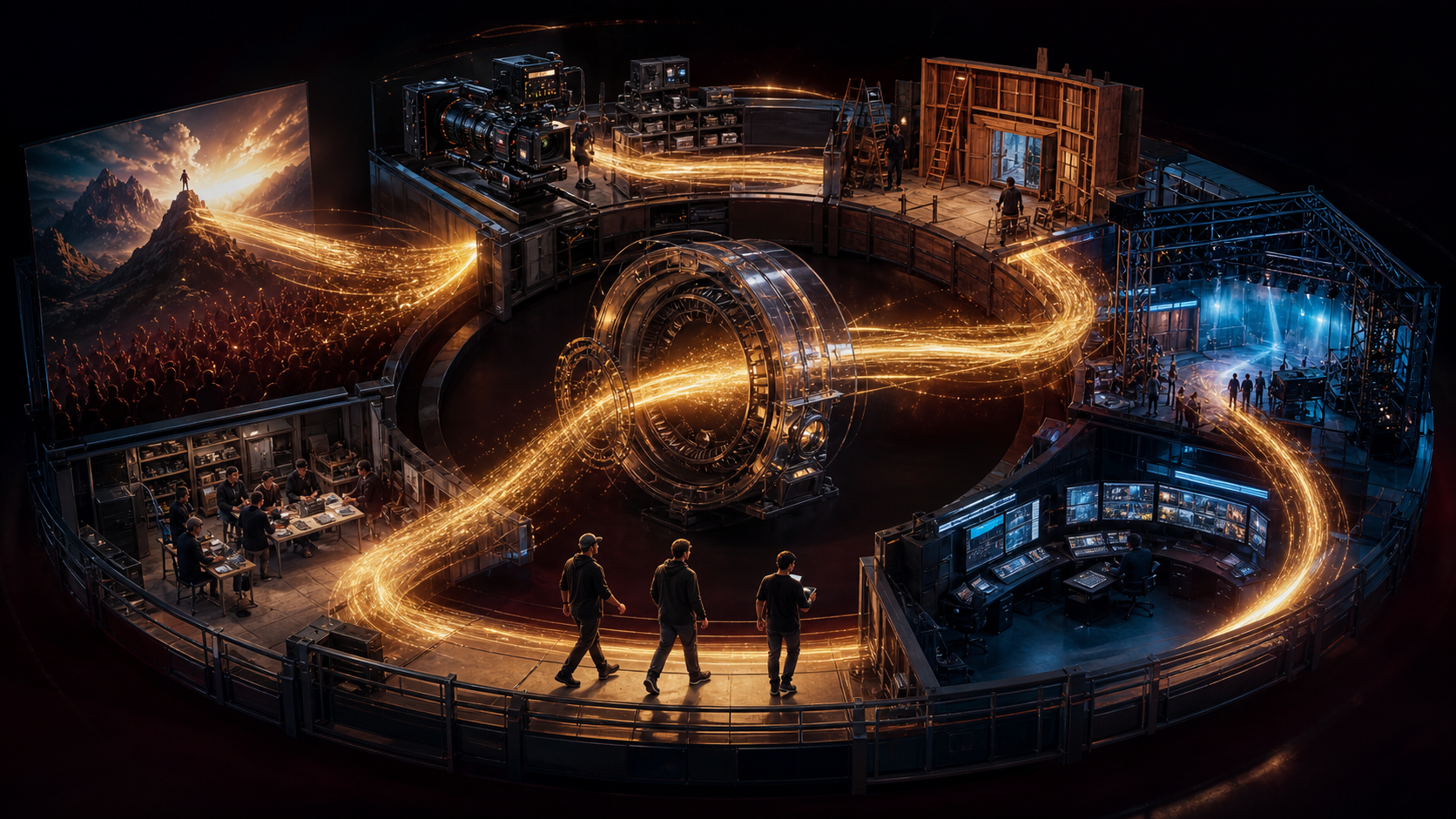 Audience attention moves through a production flywheel connecting concepts, cameras, sets, teams, and control rooms.