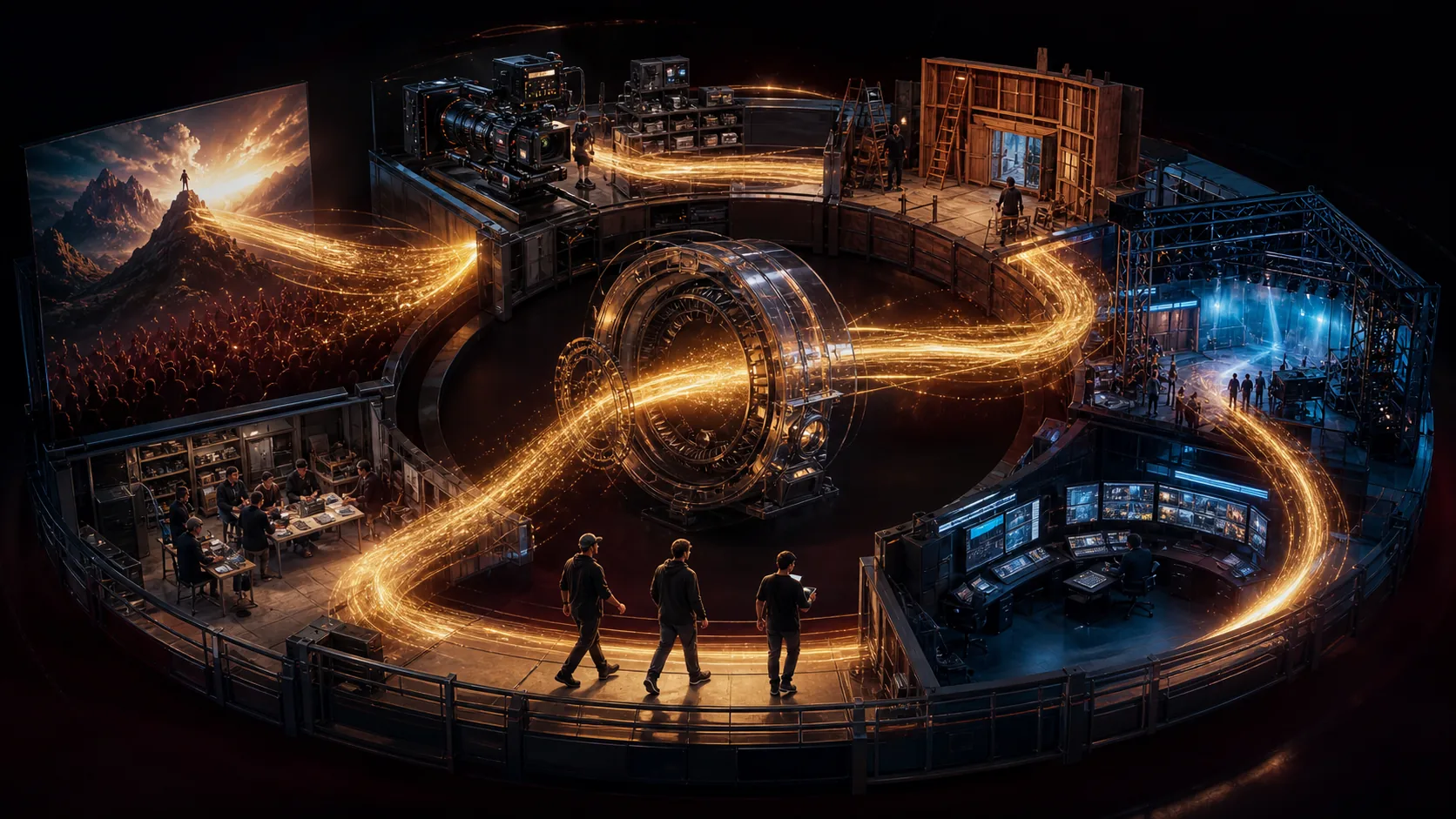 Audience attention moves through a production flywheel connecting concepts, cameras, sets, teams, and control rooms.