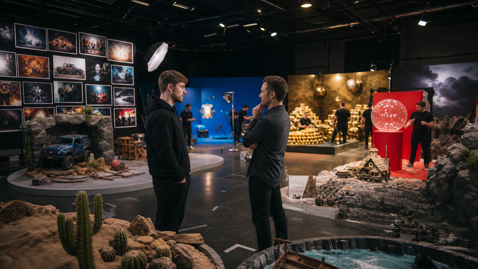A professional thumbnail studio evaluates multiple physical compositions before a major production begins.
