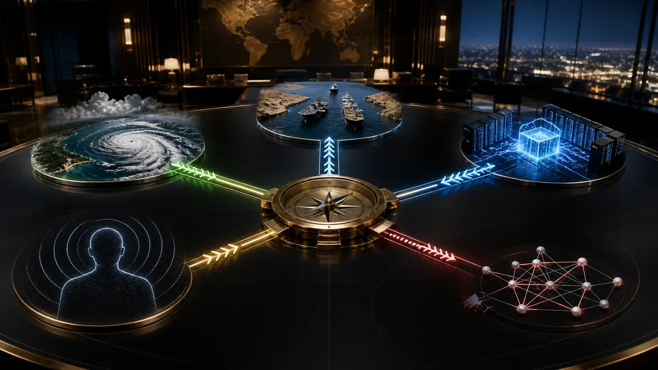Five evidence pathways converge on a brass Compass instrument in a strategic intelligence room.