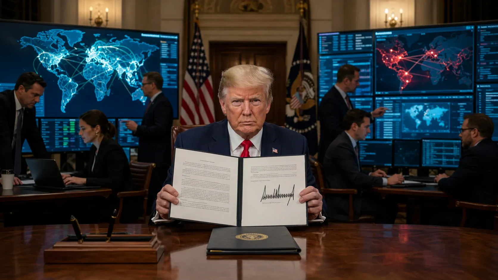 President Donald Trump presents a cyber operations memorandum as private-sector cybersecurity teams prepare to act against foreign cybercrime groups.