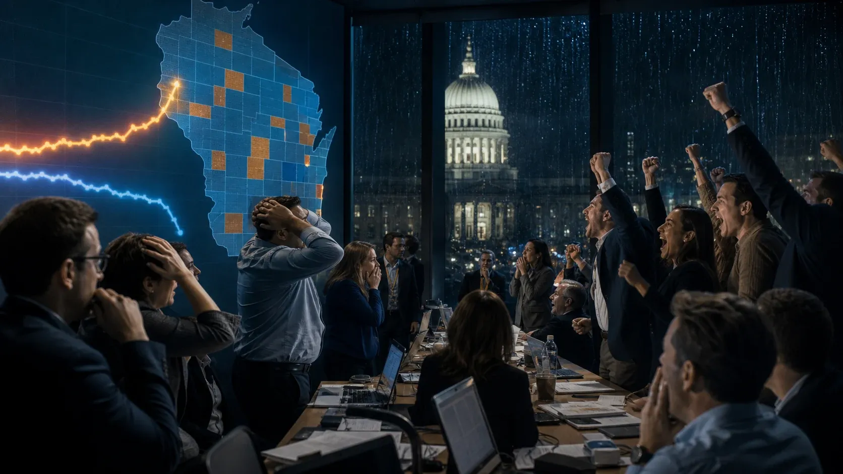 A Wisconsin election-night war room reacts as an upset result overturns the expected primary outcome.
