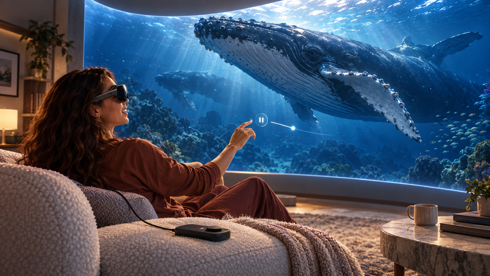 A possible private cinema turns an ordinary room into an immersive encounter, viewed through Meta VR Glasses.
