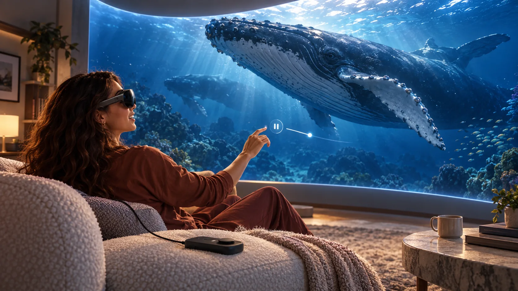 A possible private cinema turns an ordinary room into an immersive encounter, viewed through Meta VR Glasses.