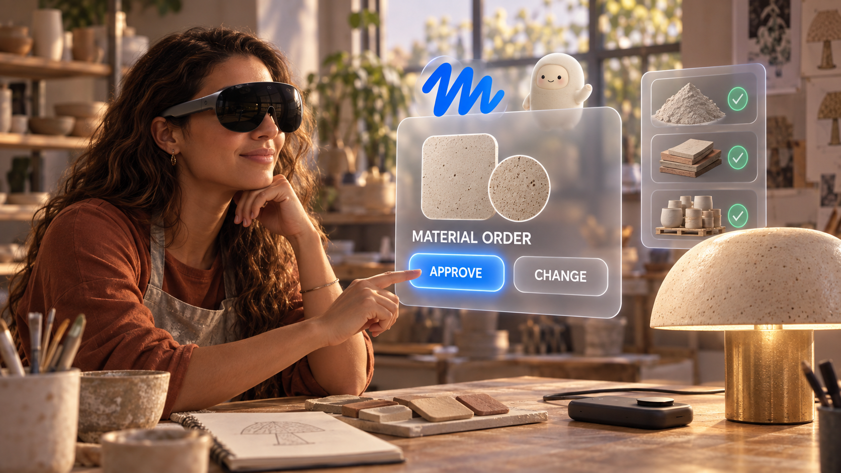 An imagined Muse-assisted purchase: the agent prepares the material order, and the person chooses whether to approve it.