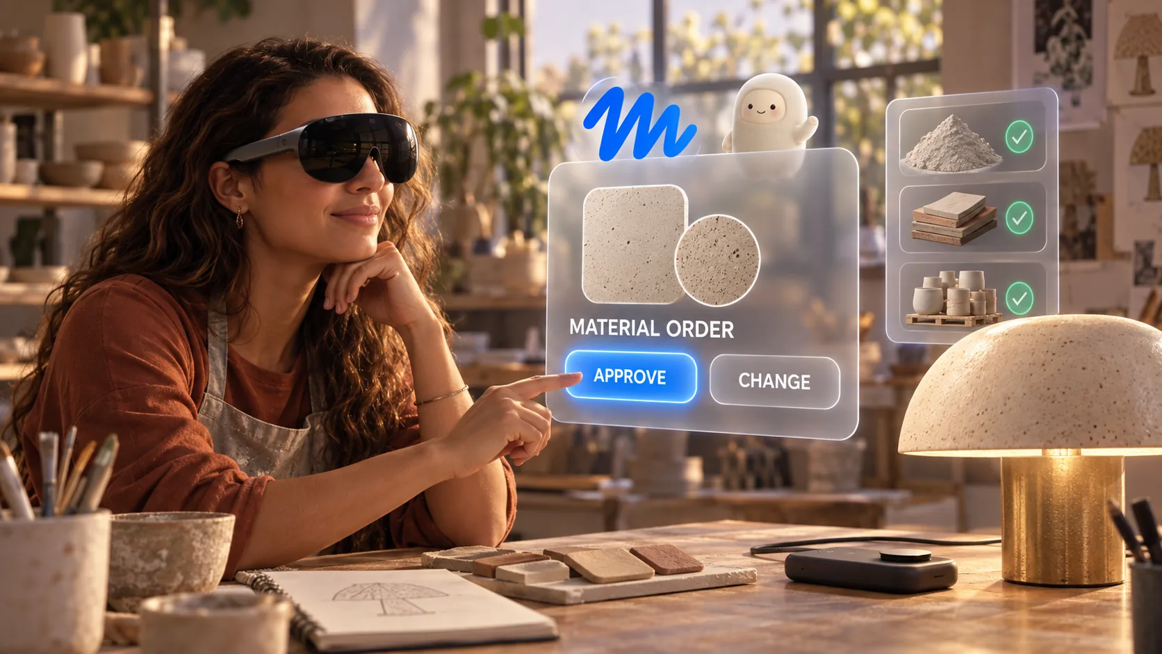 An imagined Muse-assisted purchase: the agent prepares the material order, and the person chooses whether to approve it.