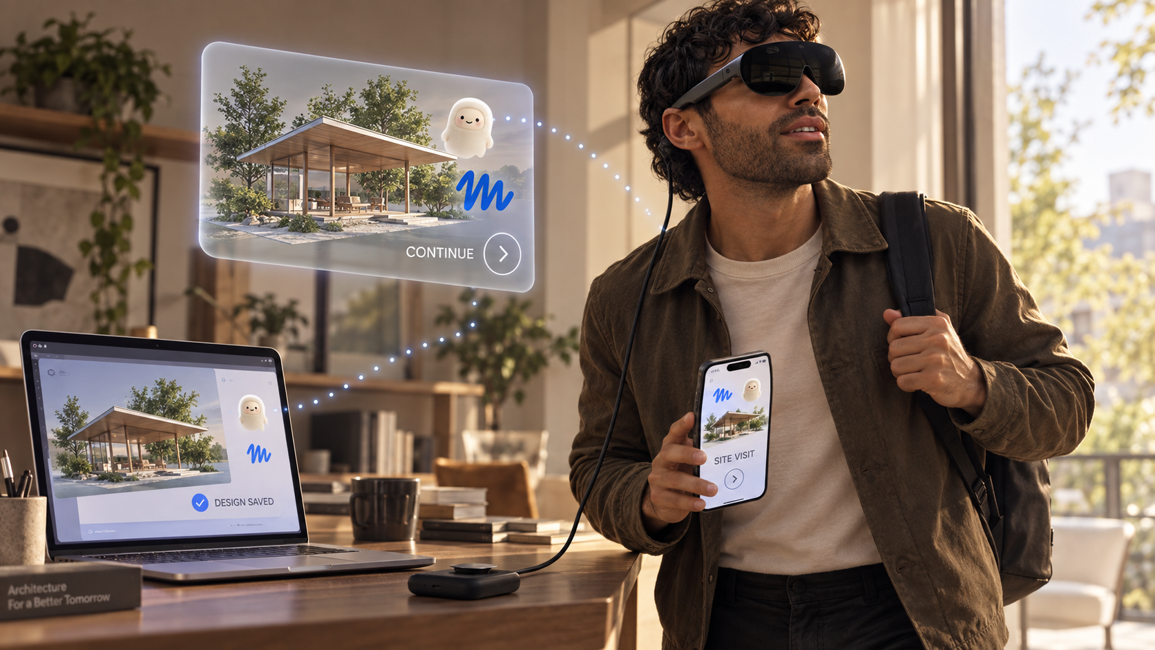 One project, several ways to reach it: an imagined Muse relationship continues across glasses, phone and computer.