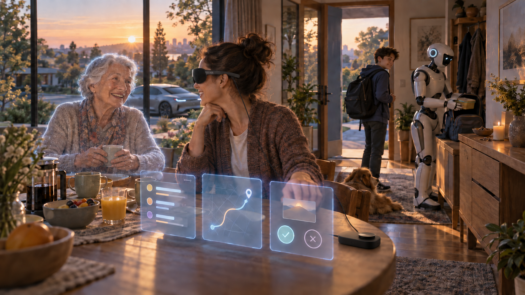 A possible morning in 2030: a woman wearing Meta VR Glasses shares breakfast with her mother’s lifelike remote presence.