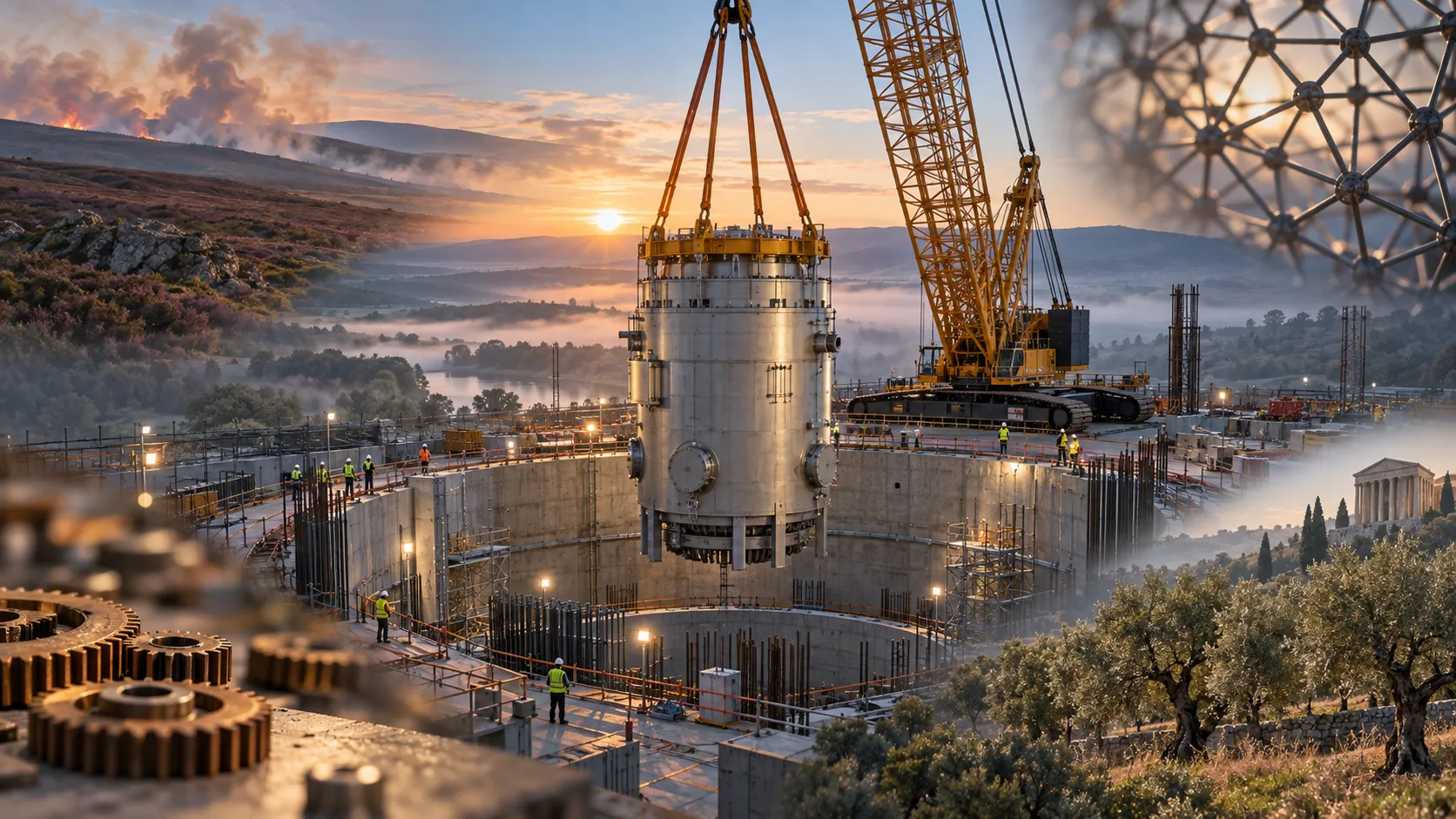 First U.S. small modular reactor lowered into its containment bay at dawn, with hints of the day's other signals: wildfire smoke, precision gears, a safety lattice, an olive grove.