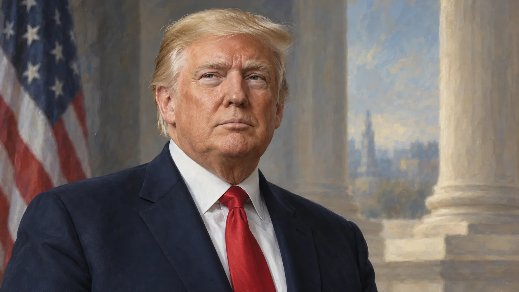 AI-generated editorial portrait of Donald Trump in a navy suit and red tie against softly abstracted columns and a muted United States flag.