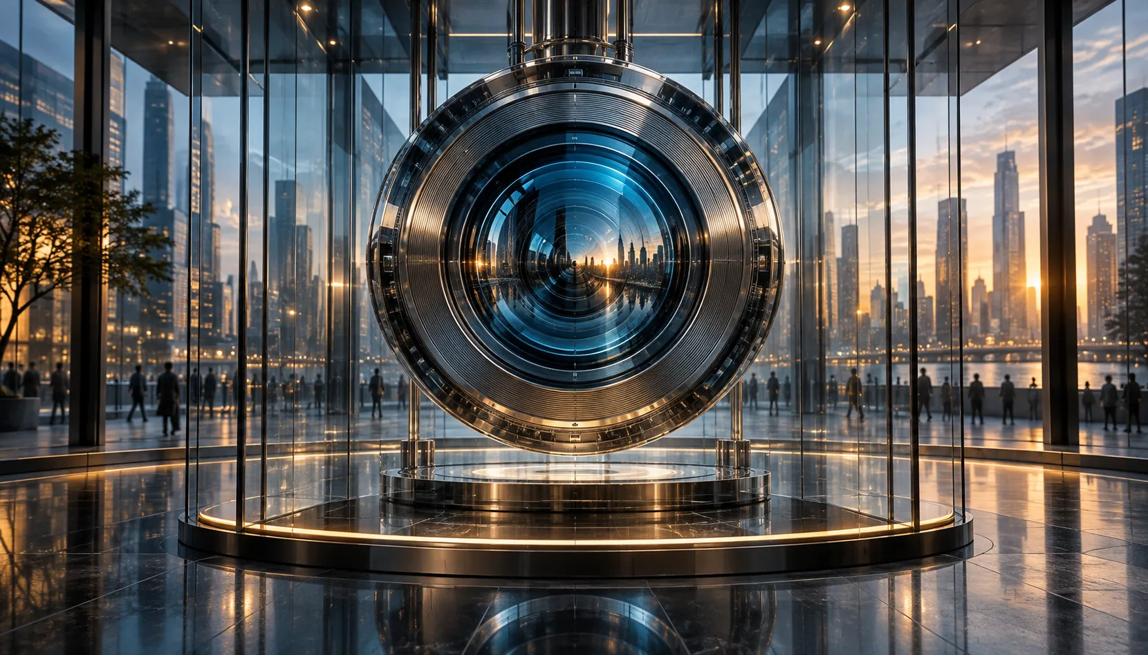 AI-generated editorial illustration of a monumental optical lens inside a transparent glass data chamber reflecting an anonymous city.
