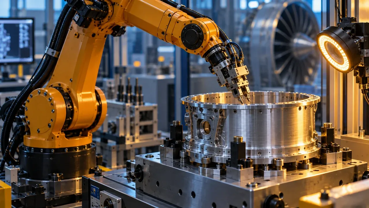 Conceptual illustration of robotic precision manufacturing and inspection.