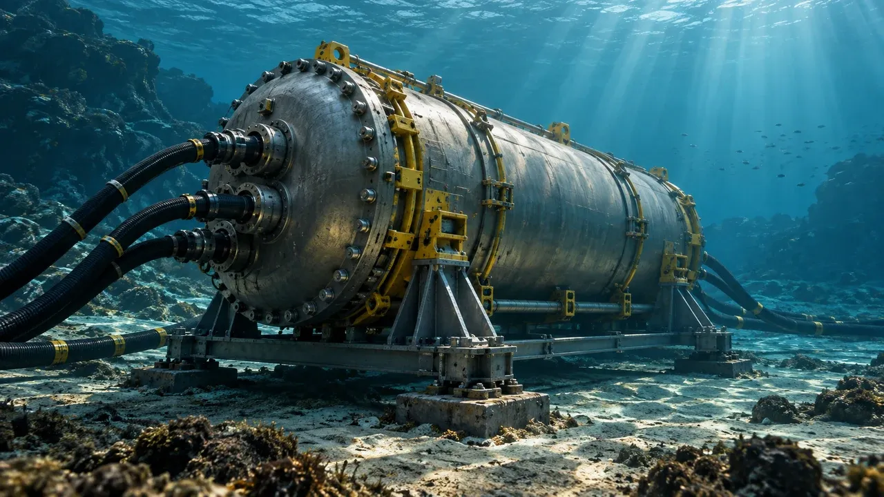 Conceptual illustration of a sealed subsea computing module, not a specific installation.