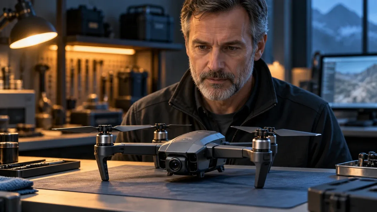Conceptual illustration of a small interceptor drone being inspected in a workshop.