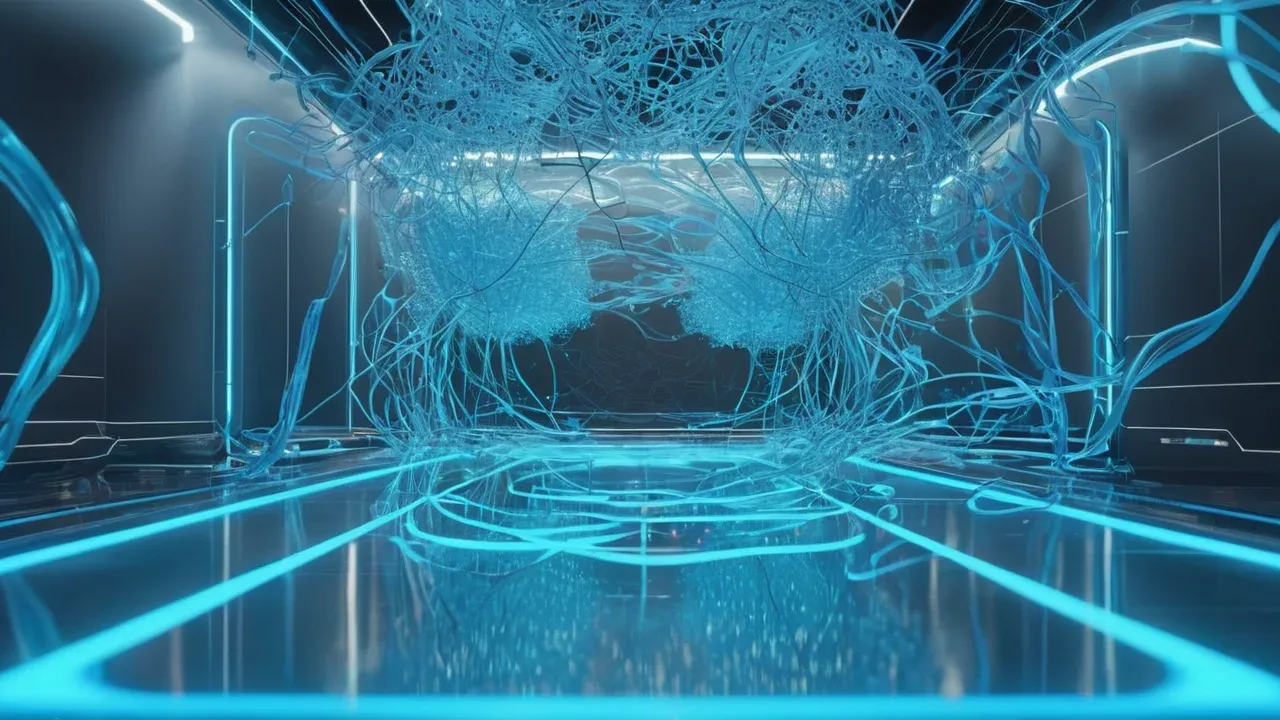 A futuristic, abstract visualization of an AI operational graph. The scene is dominated by glowing, interconnected nodes and flowing data streams in a deep, clean digital space.