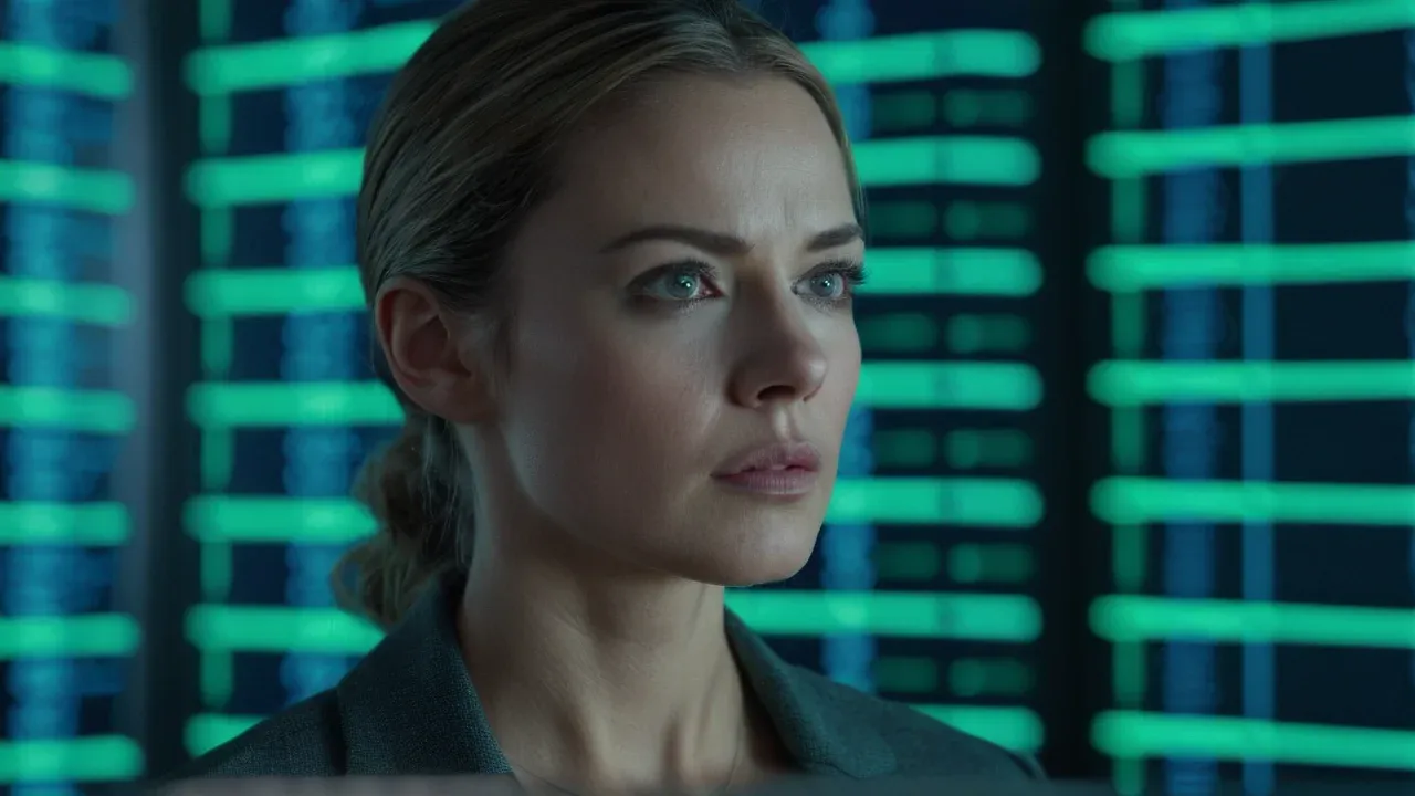 A dual-exposure style image: in the foreground, an adult woman (age 34) in a security operations center looks at a screen with intense focus, her face illuminated by the cool glow of monitors