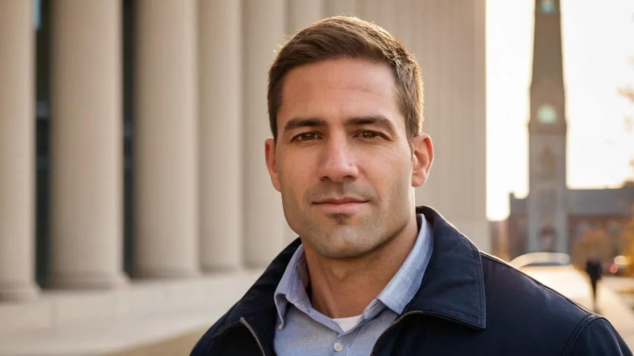 A man stands outside a civic building.
